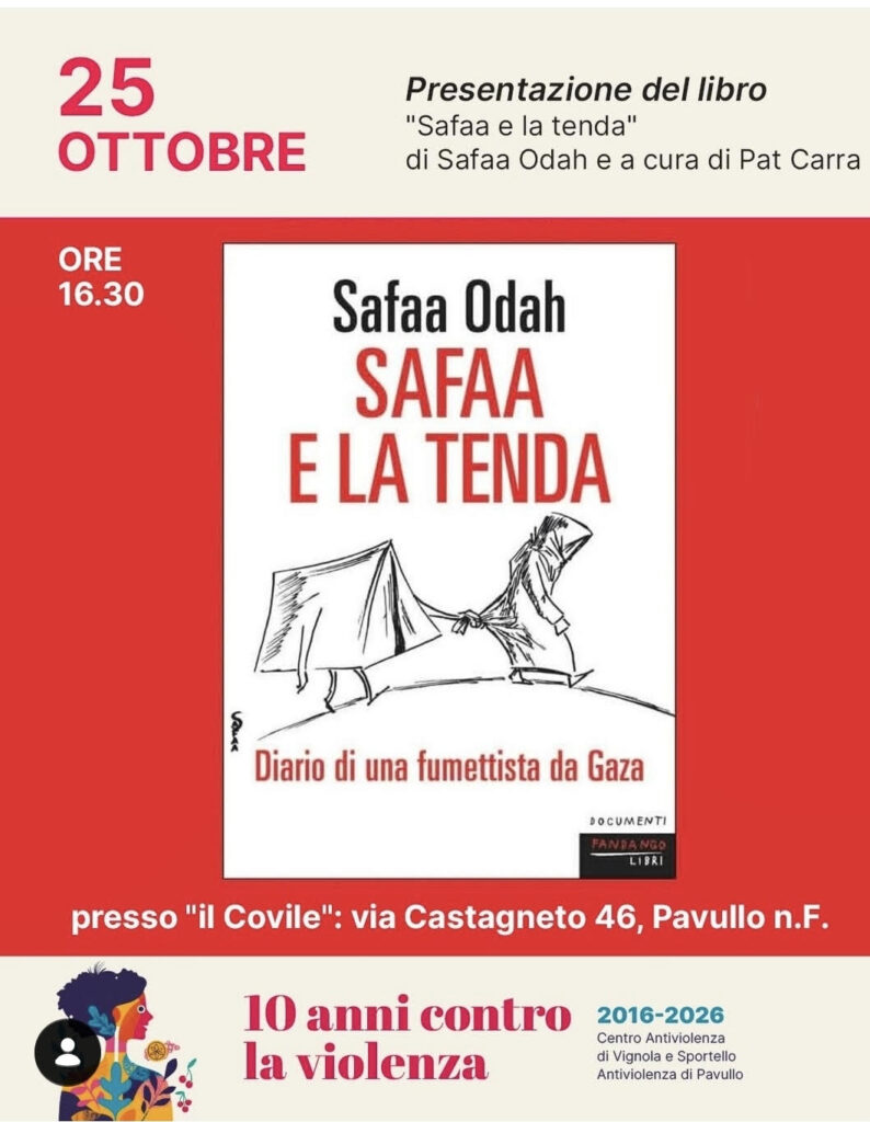 Presentazione del libro "Safaa e la tenda" 1 locandina centro antiviolenza presentazione libro fumetti gaza donne